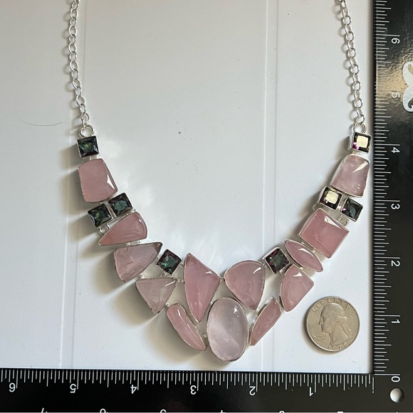 New Rose Quartz Stone w Mystic Topaz Cluster Statement Silver Overlay Necklace - Picture 7 of 13